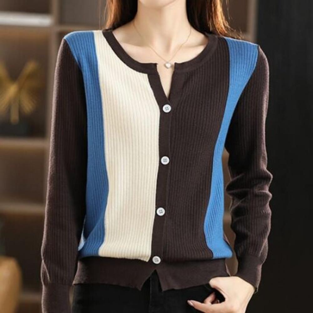 Navava Women Ribbed Color Block Long Sleeve Knit Cardigan Nk3149