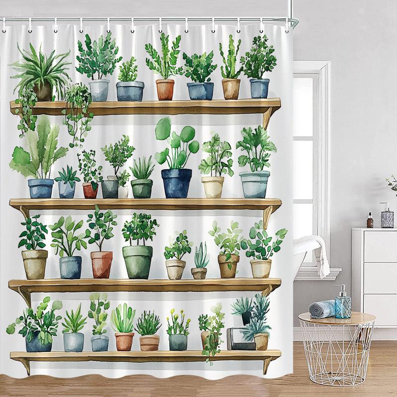 Шторка для душа с растениями Кошки Зеленые комнатные растения Листья Кот на унитазе Современный декор для ванной комнаты Полиэстеровая ткань Занавеска для ванны