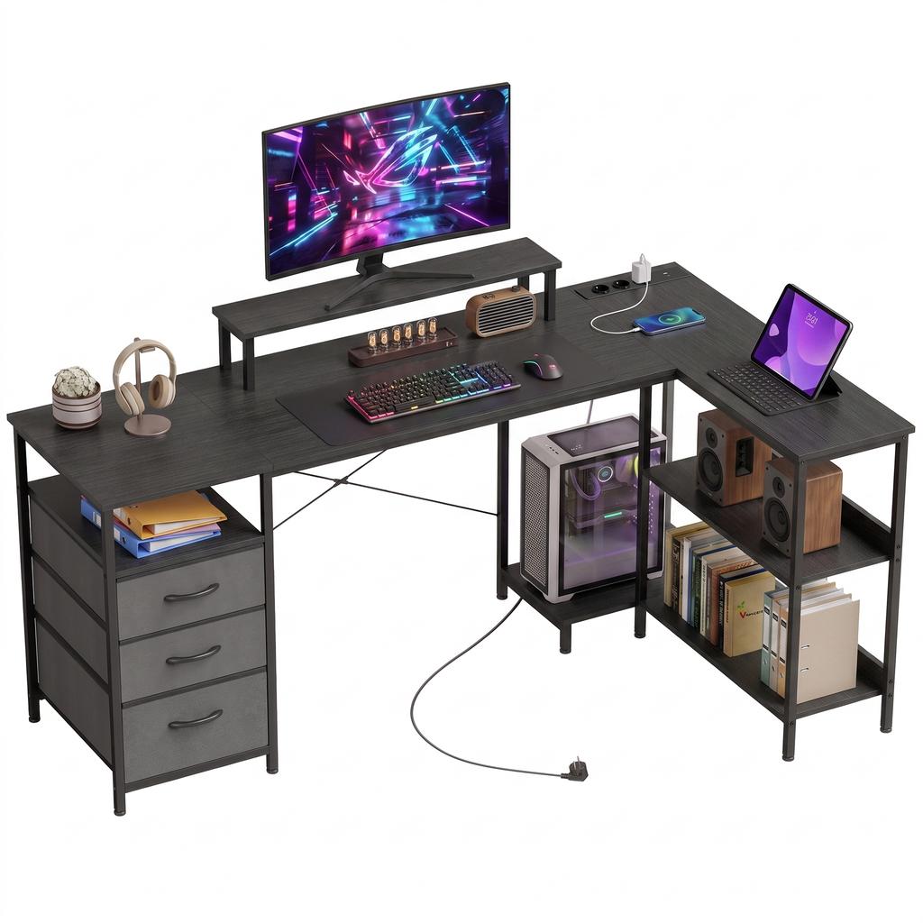 L-Shaped Desk, Reversible Corner Desk with Drawers and Shelves, 170 cm, Black