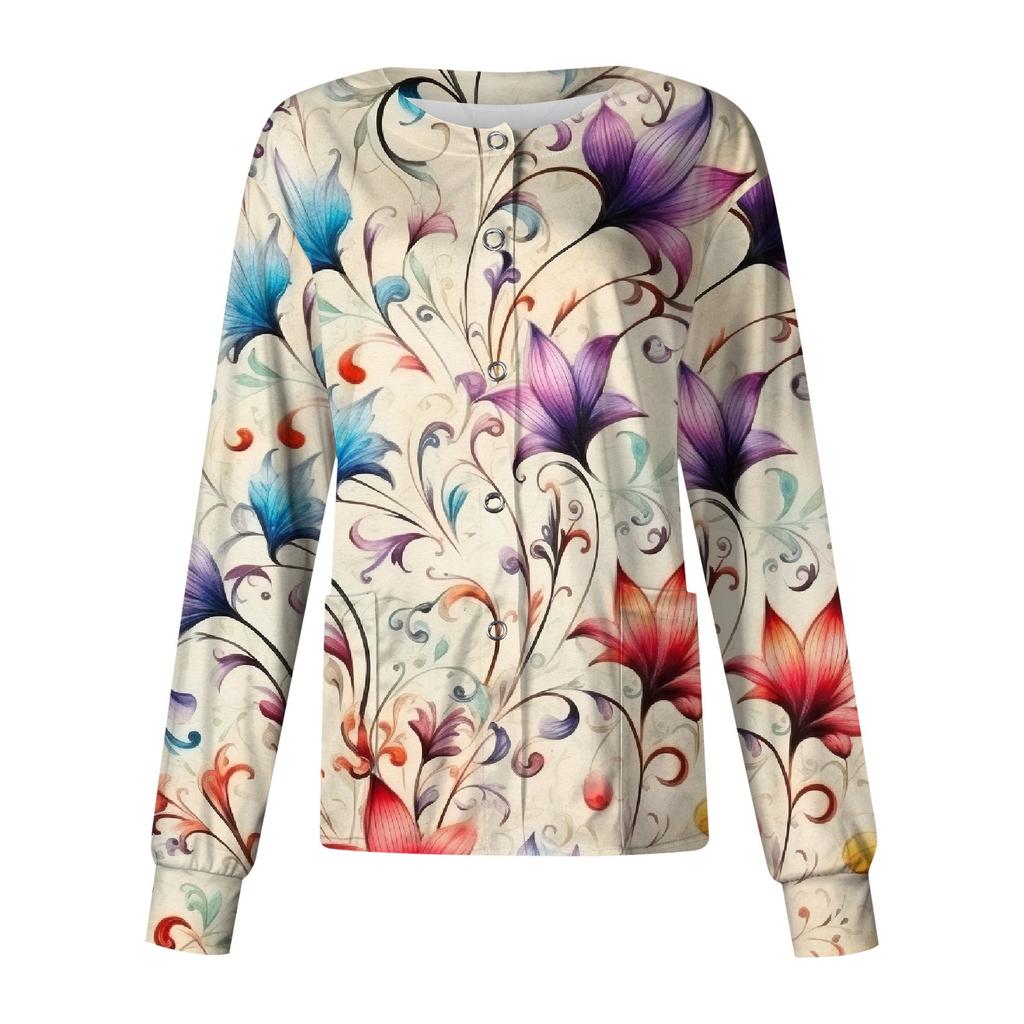 Женский однобортный защитный комбинезон с длинным рукавом и рождественским принтом, карманный рабочий воротник-стойка, кардиган, куртка, топ