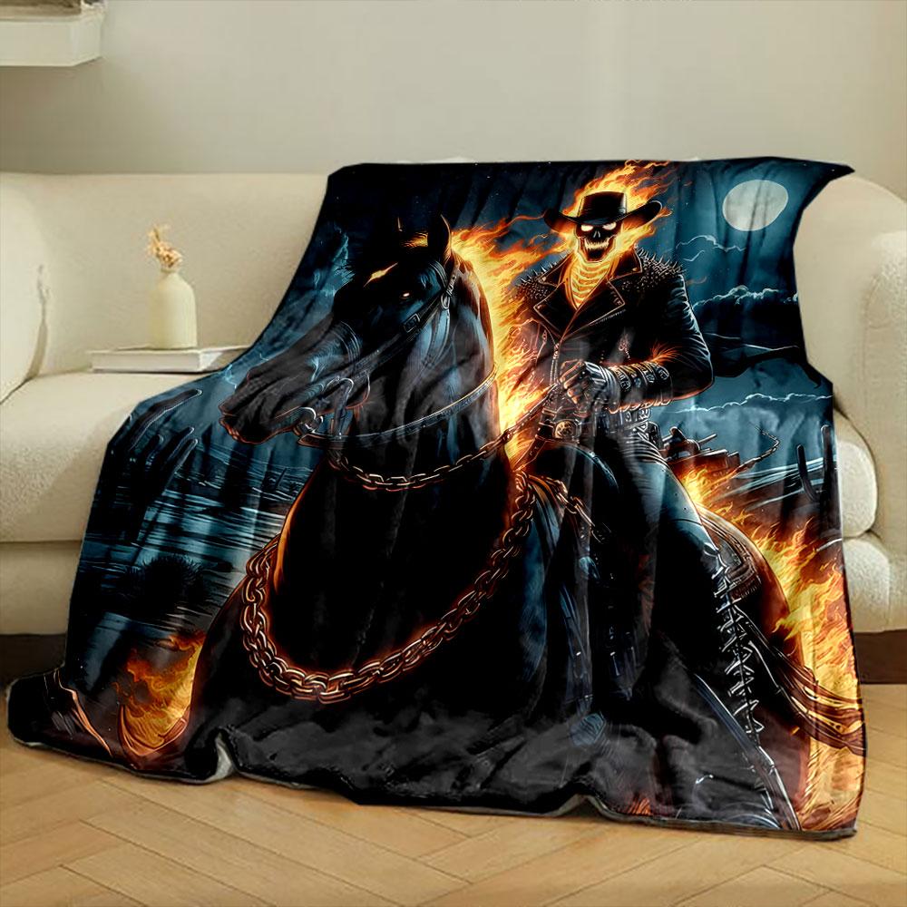Fiery Skeleton Rider at Night print blanket soft and cozy perfect for the living room bed sofa or a nap,gift