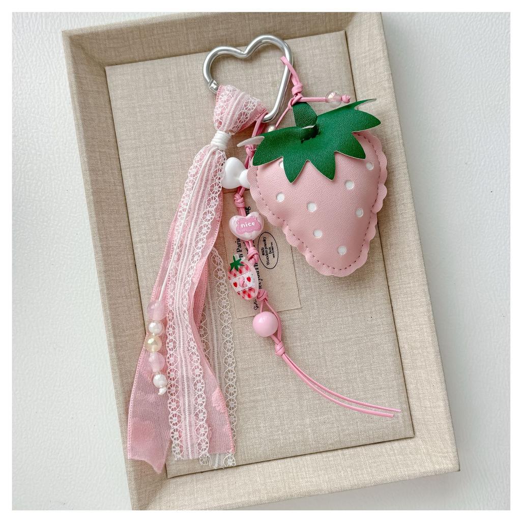 Cute Strawberry Sweet Lace Ribbon Bag Charm Handmade Beaded Carabiner Women Girl Bag Pendant Gift Bag Charm