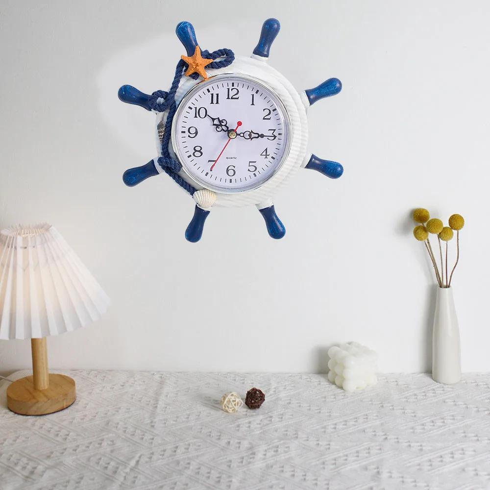 Модные средиземноморские настенные часы деревянные тихие морские декорации якорь штурвал корабля рыболовная сеть часы бар ферма дом