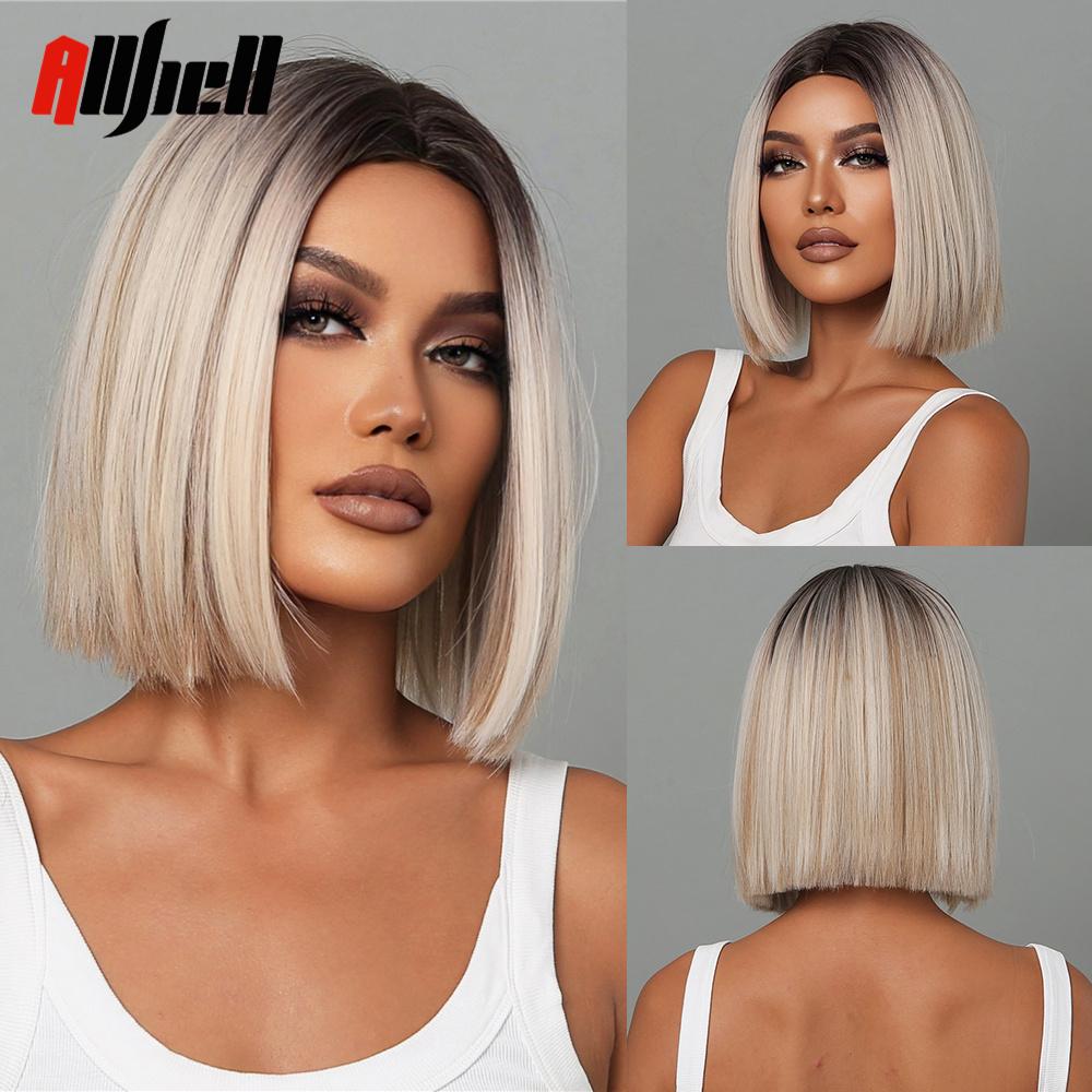 Bob Wavy Synthetic Wigs With Bangs for Women Blonde Ombre Medium Length Water Wave Wig Heat Resistant Fiber Hair Party Cosplay