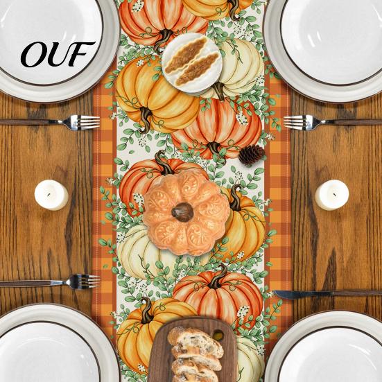 Скатерть-дорожка для столовой, Thanksgiving Harvest Runner, Лен с принтом Осенние тыквы и кленовые листья, Длинный флаг, Сезонное декоративное украшение для дома