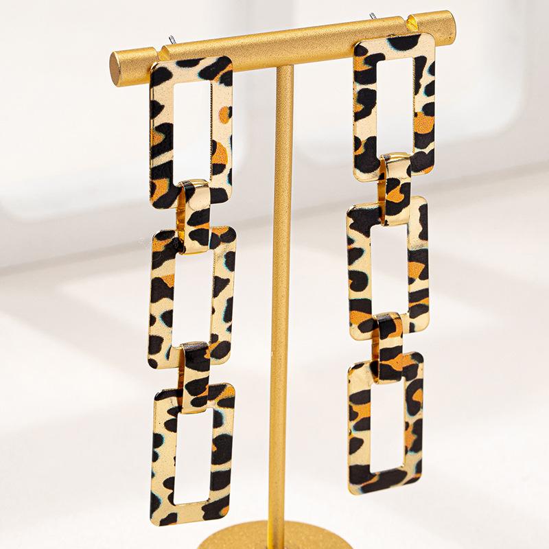 Personalized Retro Square Hollow Leopard Print Women's Necklace Earrings Bracelet Jewelry Set