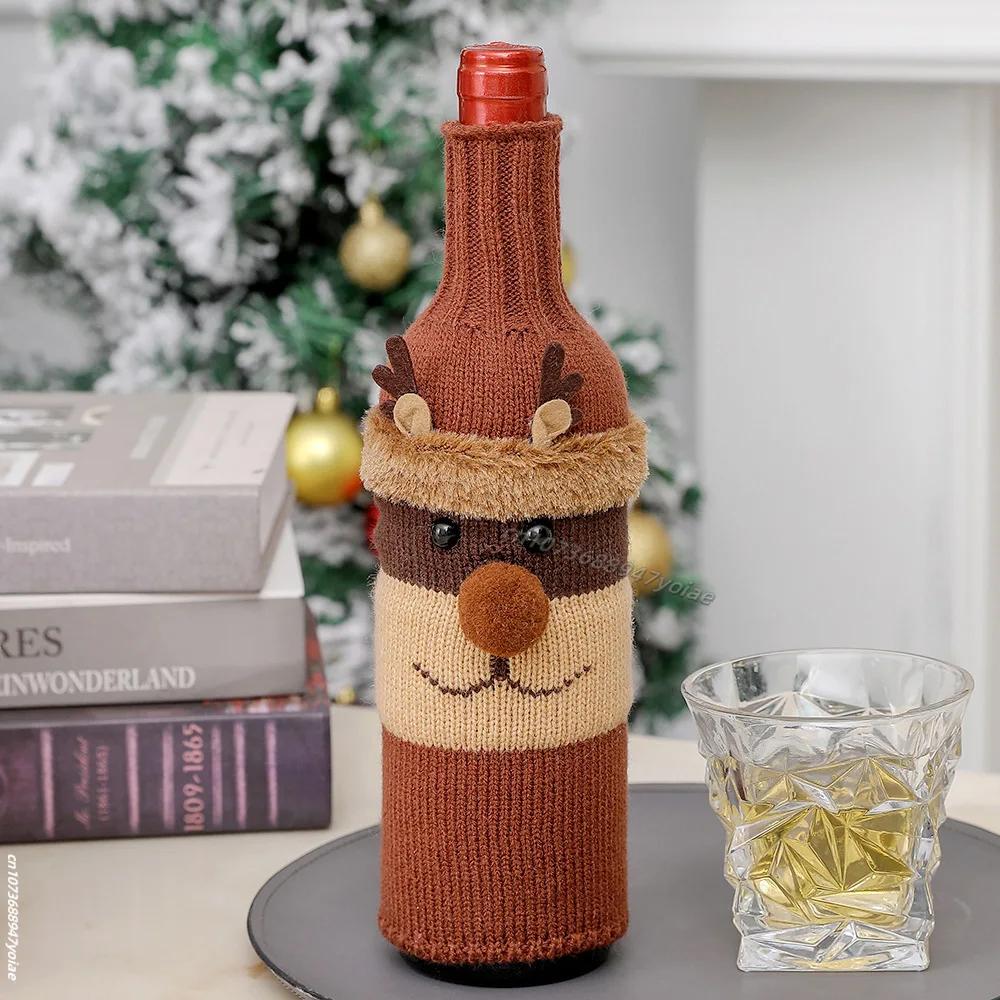Cute Knitted Wine Bottle Cover Christmas Table Decoration Cartoon Santa Claus Snowman Pattern Red Wine Bottle Decor Xmas Gift