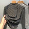 Semi-turtleneck Bottoming Shirt Women's 2025 New Women's Clothing Contrasting Color Striped Polished T-shirt Warm Inside with Waist Top