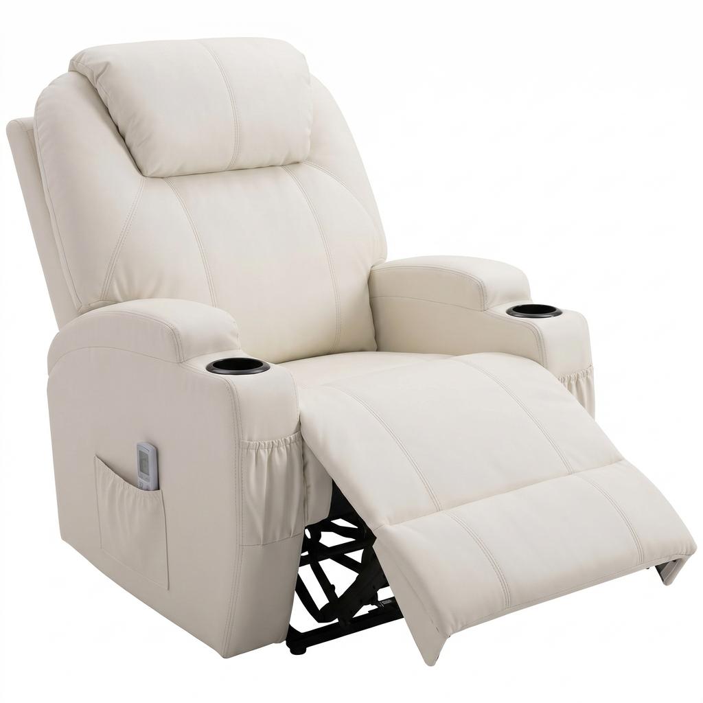 Luxury Reclining And Massage Armchair Electric Footrest Synthetic Leather Cream