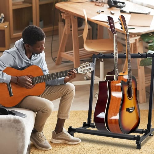 UYTON Folding Guitar Stand, Latest Model (Holds 5 Guitars), Includes Anti-Tip Rubber Support, Prevents Scratches On Instruments, Stable and Durable, E