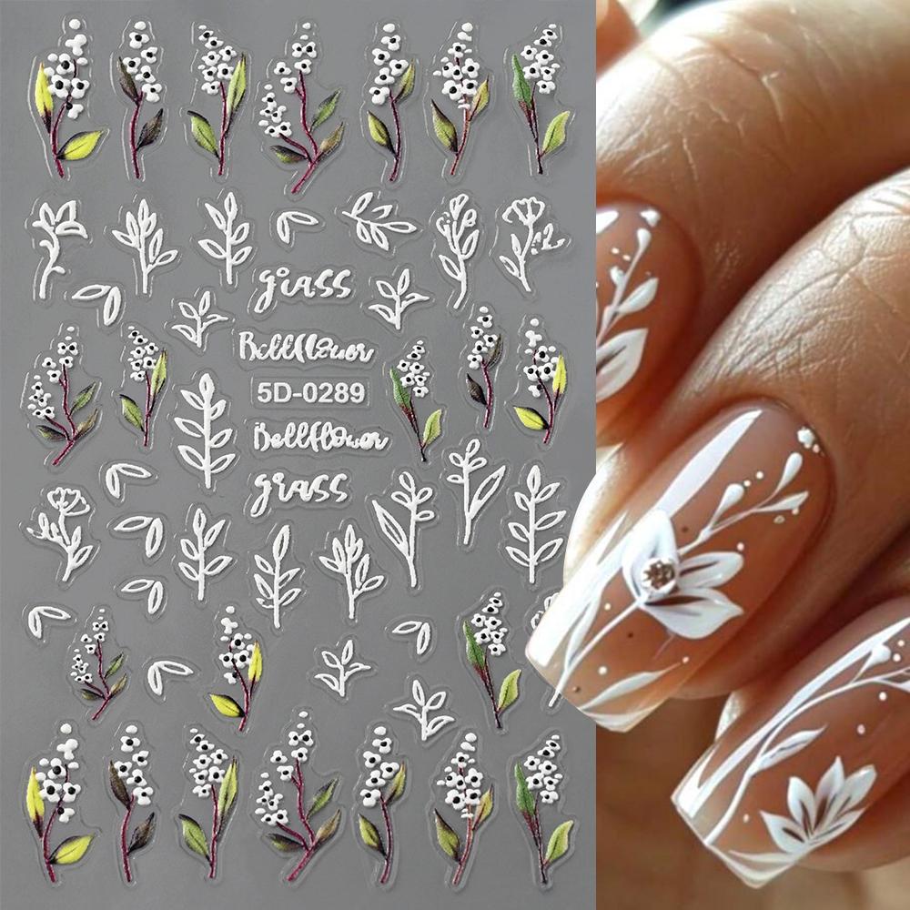 5D Pink Blue Floral Nail Art Stickers Petals Leaf Plant Embossed Nail Decals Spring Flower Design for DIY Nail Supplies