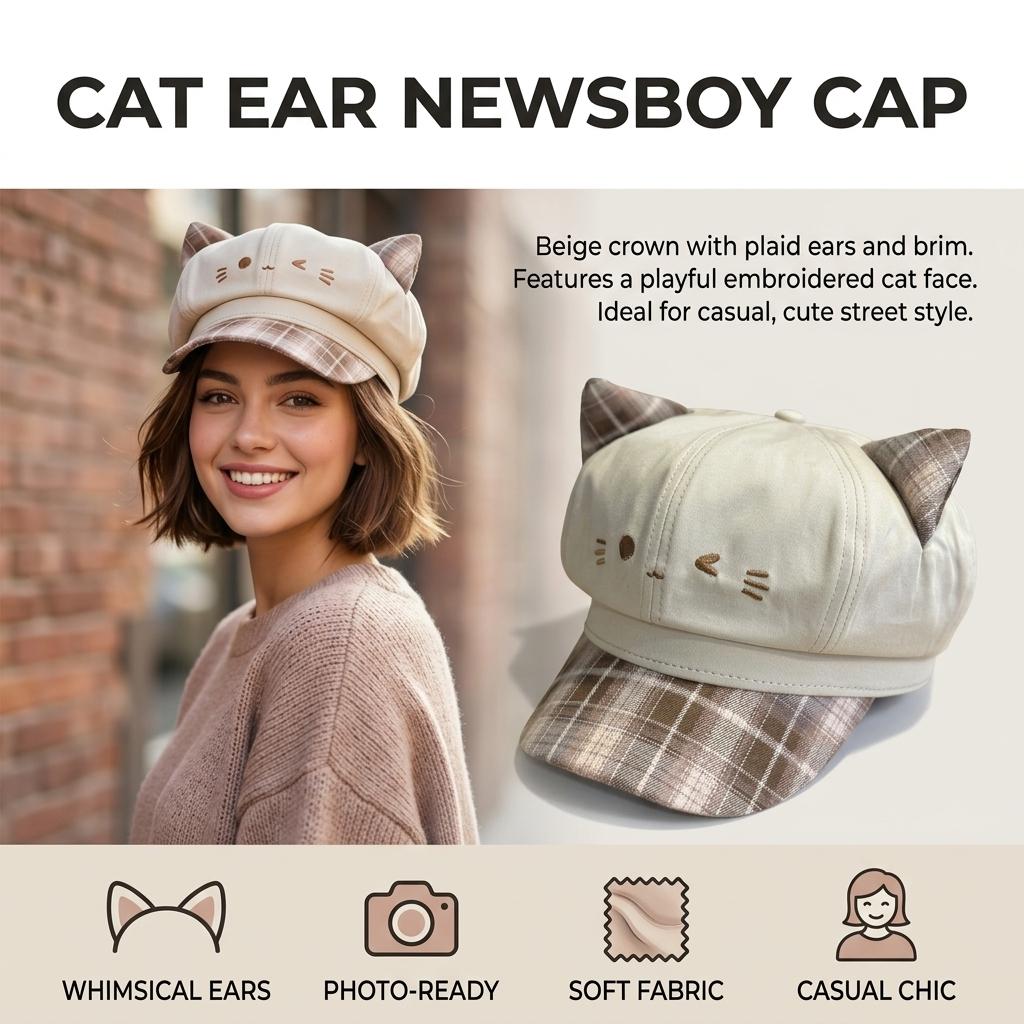 Women's Newsboy Cap Cute Cat Ear Hat for Party Outfits Cartoon Octagonal Beret Kawaii Streetwear Headwear Fashionable Women Hat