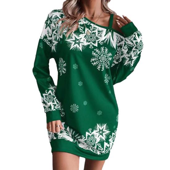 Женское осенне-зимнее платье с вырезом на одно плечо, свободное мини-платье с принтом снежинки, подходящее по цвету рождественскому стилю, с длинным рукавом длиной выше колена