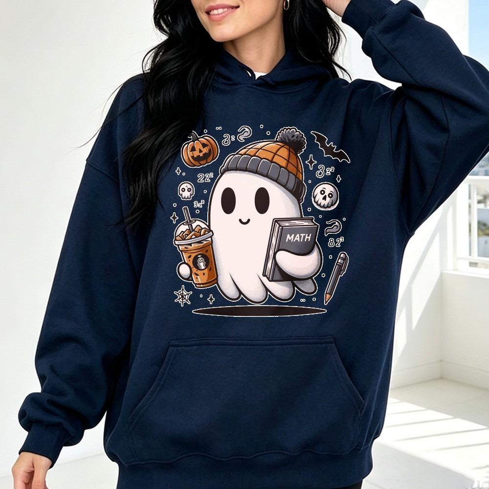 Halloween Ghost Math Teacher Sweatshirt Spooky Season Teacher Hoodies Teacher Halloween Hooded Fall Cute Ghost Women Pullovers