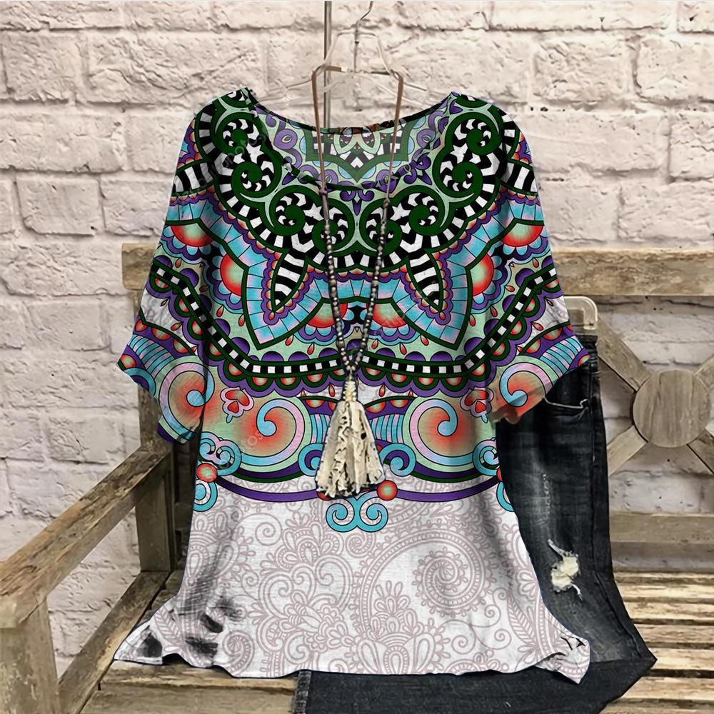 5xl 6xl 7xl Большие размеры Симметричные ретро принт Летние футболки Повседневные Круглый вырез Короткие рукава Свободная женская одежда