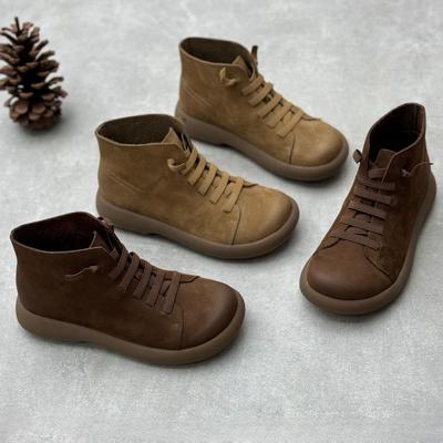 Короткие женские ботинки ручной работы из натуральной кожи с круглым носком и плоской подошвой на резинке