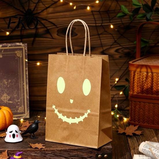 Pumpkin Ghost Pattern Goodie Bag Halloween Candy Bags with Luminous Prints, Thickened Sturdy Paper Favor Gift Bags, Trick or Treat Party Favors