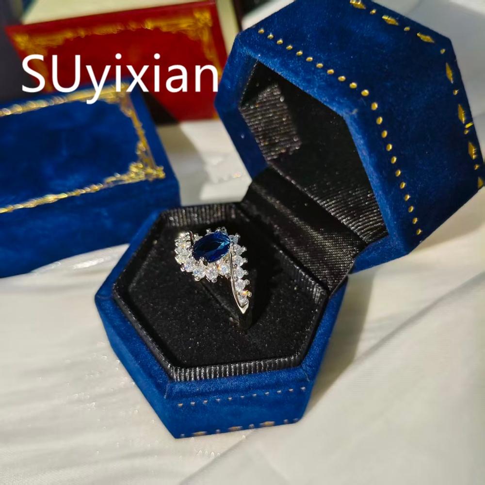 925 Sterling Silver Fashion Design Sense Pigeon Egg Red Blue Zircon Sunflower Ladies Light Luxury Ring Birthday Party Gift