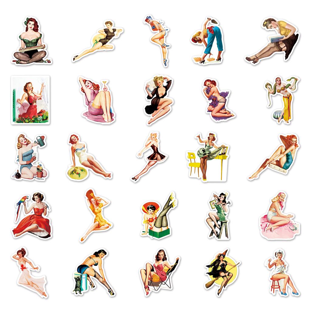50 Retro Posters Girl Doodle Personalized Sexy DIY Skateboard Water Cup Suitcase Stickers Waterproof