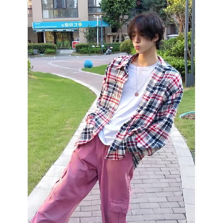 2024 Клетчатая рубашка с длинным рукавом в японском стиле Гонконга Ins Свободная рубашка для мальчиков Летнее модное универсальное повседневное пальто
