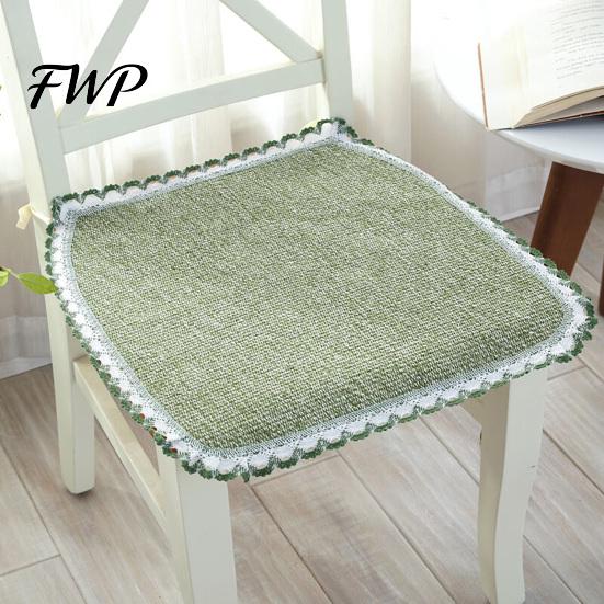 Retro Lace Trim Chair Mat Cotton Linen Pad with Ties, Striped Plaid Decorative Seat for Rattan Chairs Trim, Breathable Dining Office Summer