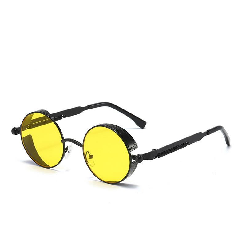 New round-frame sunglasses, metal, trendy, punk style Reflective and dazzling retro sunglasses for women
