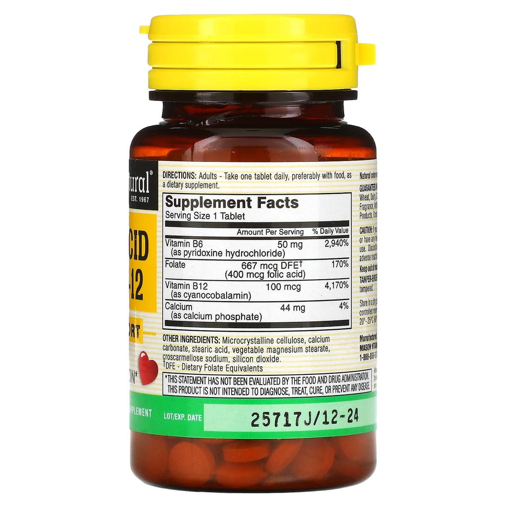 Mason Natural, Фолиевая кислота B6 и B12, 90 таблеток