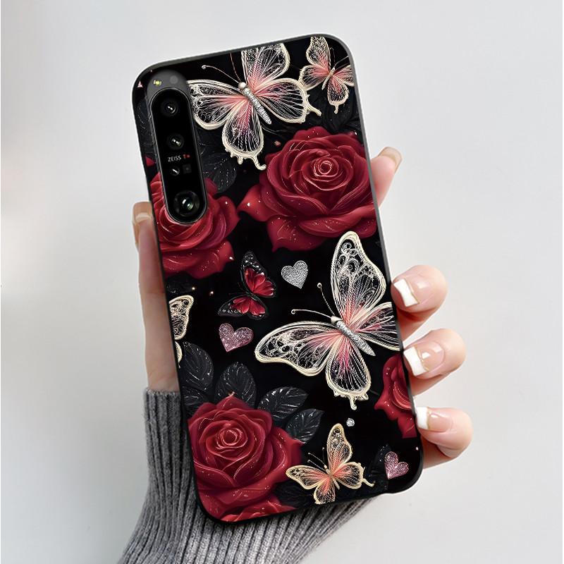 For Sony Xperia 1 VII VI V IV Case Fashion Luxury Flower Butterfly Soft Black TPU Back Cover Ultra thin Shockproof Shell Fundas
