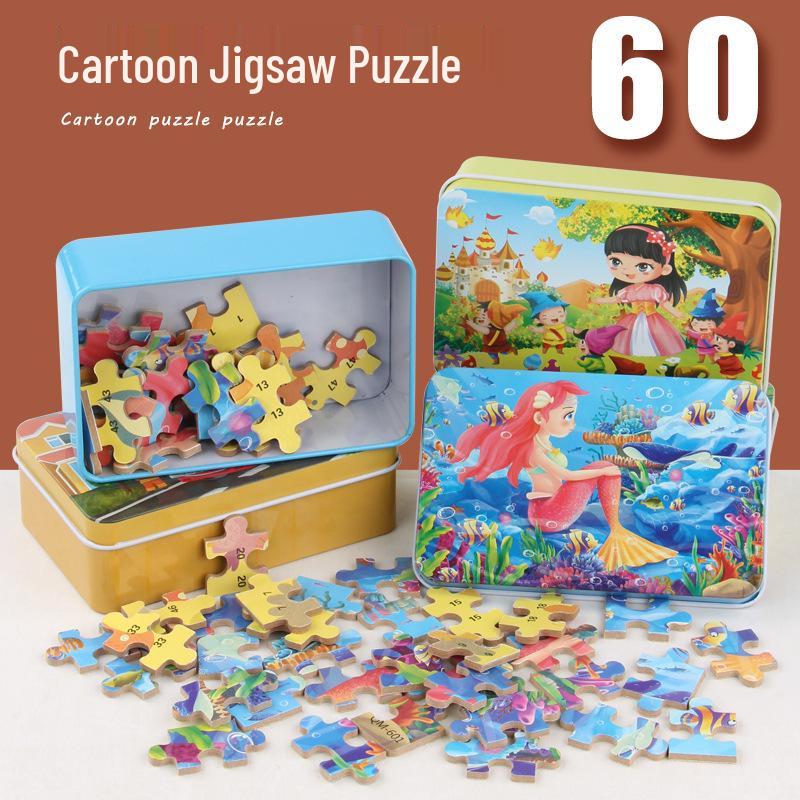 60-Piece Cartoon Puzzle Tin Box for Toddlers Aged 3-6 – Early Education and Intellectual Development Toy for Boys and Girls