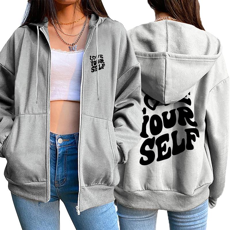 LOVE YOU SELF Женское пальто с принтом Лидер продаж Модные свободные топы на молнии Спортивная толстовка с капюшоном Повседневная уличная женская кардиганная одежда