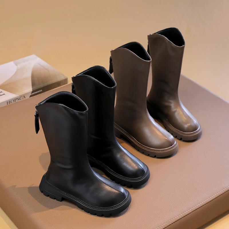 2024 New Children's Fashion Boots Solid Color Simple Girls Causal Long Boots Versatile Black Brown Kids Princess Leather Boots