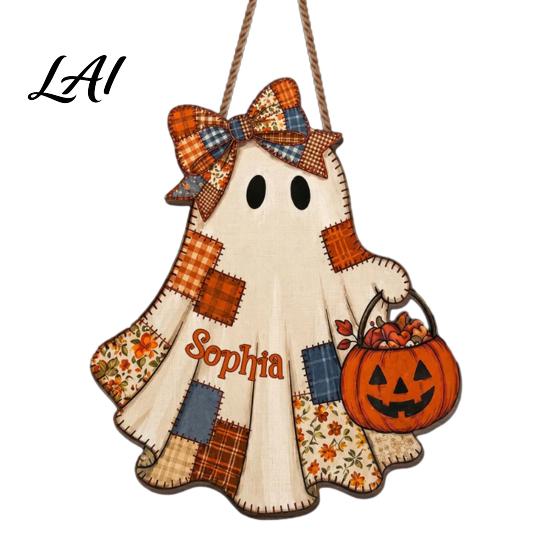 Seasonal Wall Hanging for Parties Halloween Wooden Patchwork Ghost Pendant Vintage Autumn Harvest Sign Cute Retro Ornament Walls Pendant with
