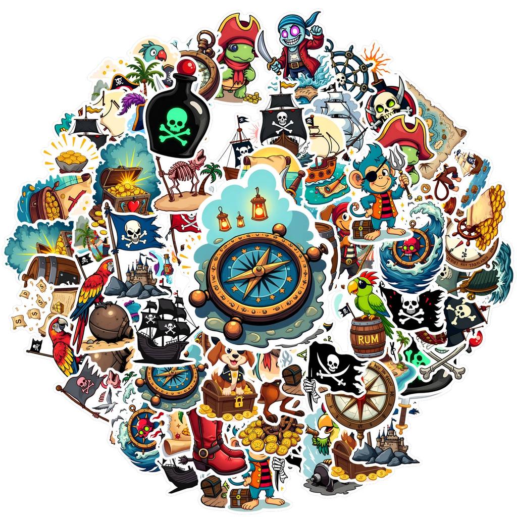 35pcs-50pcs Cartoon Treasure Stickers Adventure Sea Nautical Stickers Stationery Stickers For Notebook Luggage Mobile Phone Cup