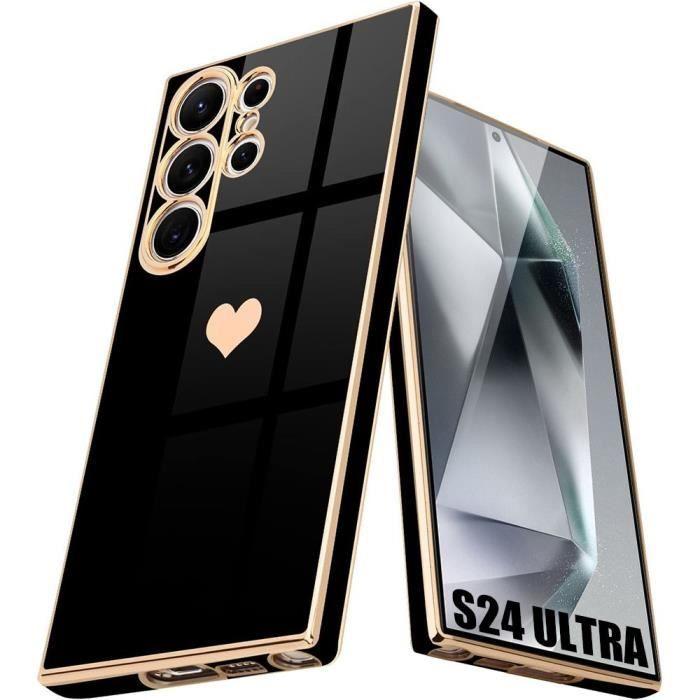 Coque de protection - BOOLING - pour Samsung Galaxy S24 Ultra - Silicone verni noir - Antichoc - Motif cœur luxe