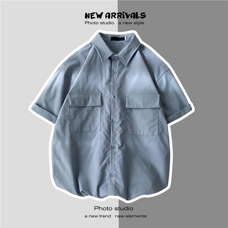 Мужская повседневная рубашка в гонконгском стиле с коротким рукавом и двойными карманами