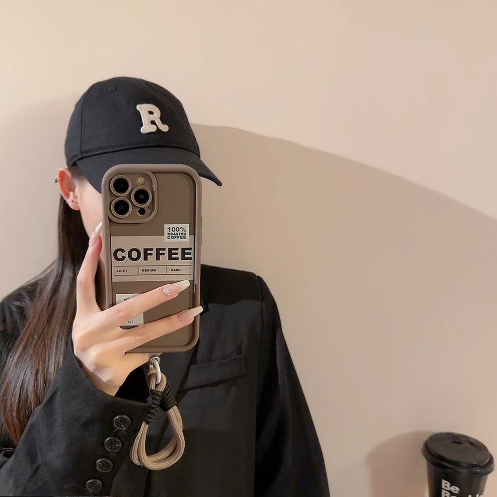 Coffee English label Apple 17 Pro Max phone case iPhone 15 retro 11 compatible 14 hand strap 16 Huawei