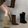 Spring Fall Winter New Pointed Toe No Knee Metal Belt Buckle Wedge Kitten Heel Boots Fashion Non-Slip Tall Boots