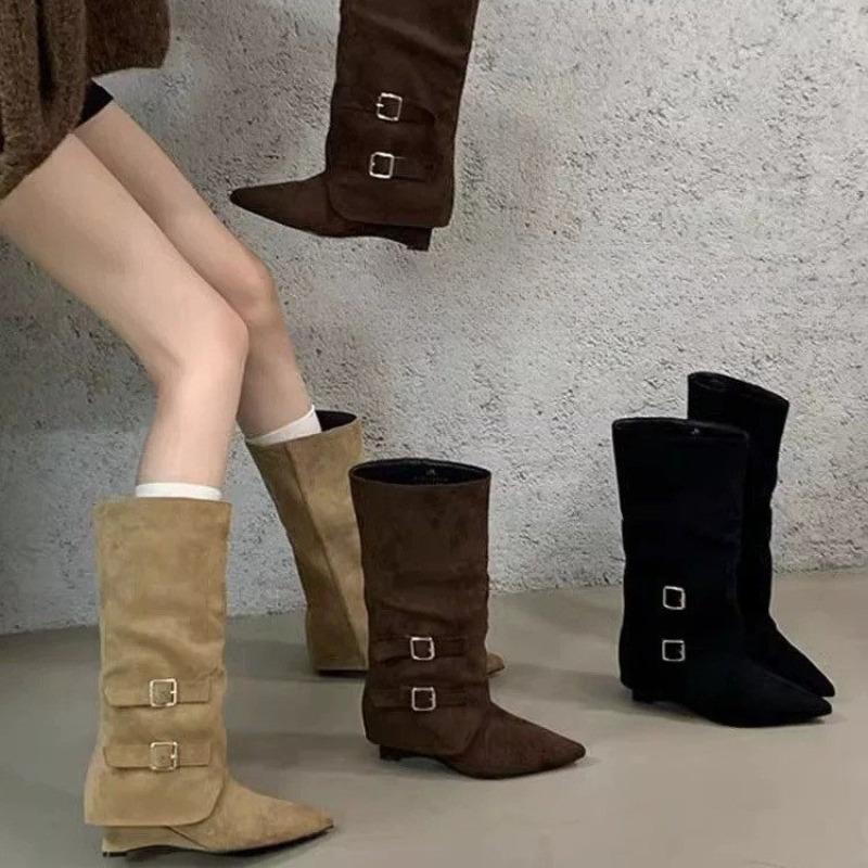 Fashion Spring Fall Winter New Pointed Toe No Knee Metal Belt Buckle Wedge Kitten Heel Boots Fashion Non-Slip Tall Boots