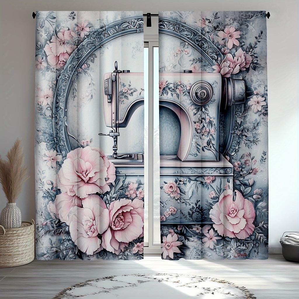 2pcs Vintage Sewing Machine Blackout Curtains Colorful Floral Print Rustic Rod Pocket Drapes for Bedroom & Living Room Semi-T