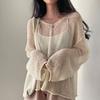 Spring Summer Long Sleeved Knitted Sunscreen Shirt See Through Retro Casual Simple Loose Hollow Out Thin Blouse V Neck Solid Color Top Clothing