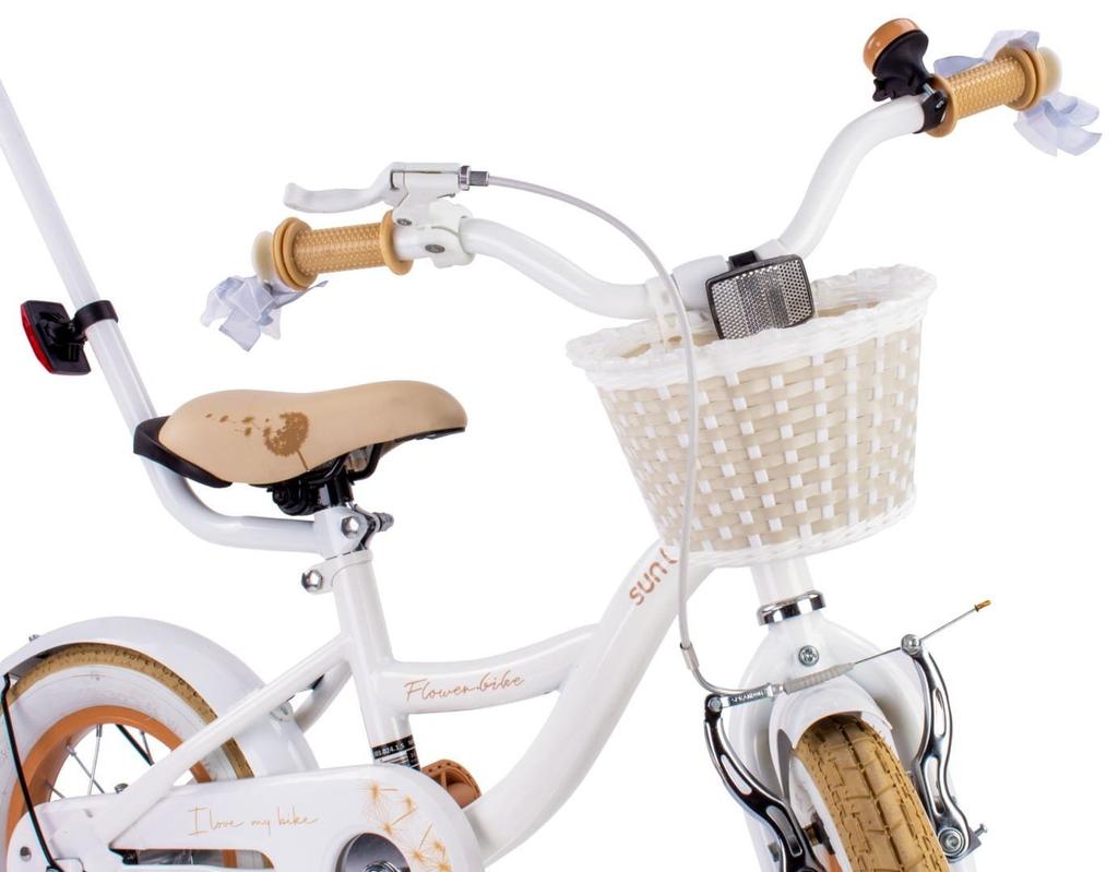 Rower Dziecięcy Rower Dla Dziewczynki 12 Cali Koszyk Prowadnik Kółka Boczne Flower Bike Dmuchawiec Biało Beżowy Sun Baby