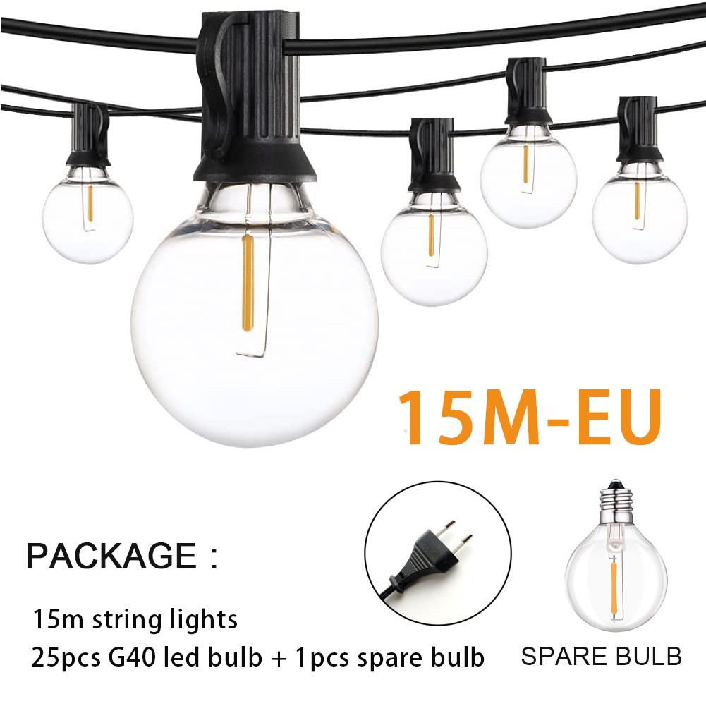 Светодиодная гирлянда 7,6 м/15 м/30 м, лампочки E12 G40, 50 светодиодов, водонепроницаемая, для улицы, сада, свадебного украшения