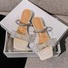 25 Summer New Diamond-encrusted Transparent Sandals Korean Medium Heel Bow High Heel Open Toe Sandals Women's Shoes Thick Heel