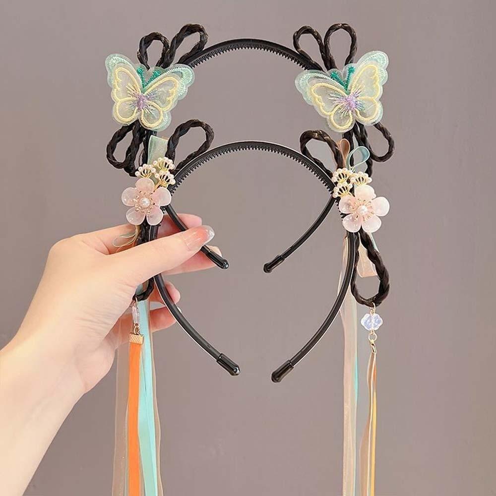 Китайский стиль Бант-лента для волос с кисточками Головной убор для девочек в стиле Ханьфу Парик Плетеное кольцо для волос Вечеринка