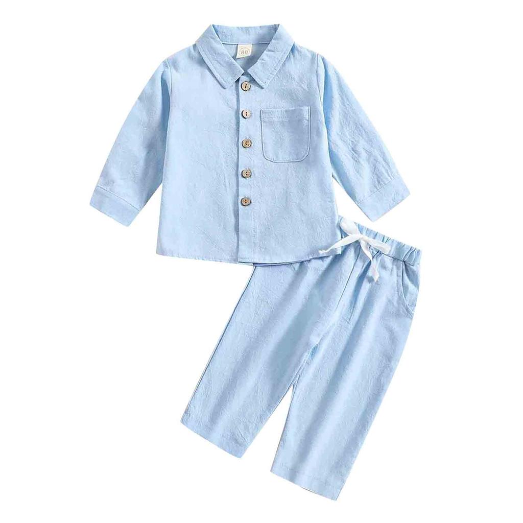 Сплошной цвет хлопка и льна для мальчиков, повседневная рубашка с карманами и пуговицами, комплект брюк, брюки с длинными рукавами, костюм из двух предметов