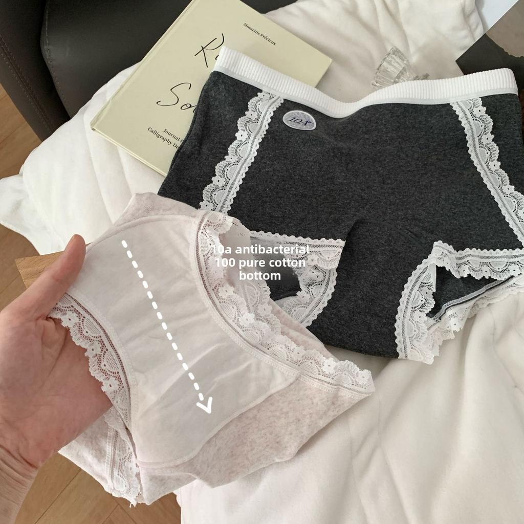 Female Spring and Autumn Pure Cotton Lace 10A Antibacterial Extended Crotch Wrap Hip Breathable Mid Waist Flat Angle Briefs