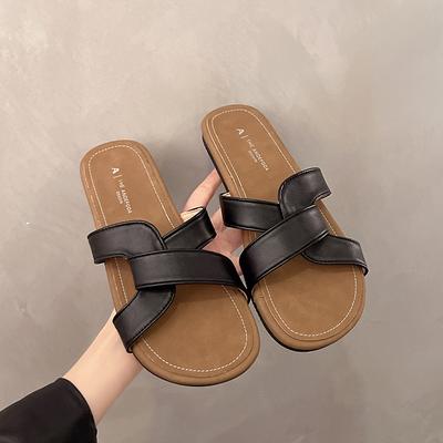 Шлепанцы с перекрестными ремешками, женская летняя обувь 2025, новый ретро-стиль, повседневные сандалии на плоской подошве для пляжа, нескользящие