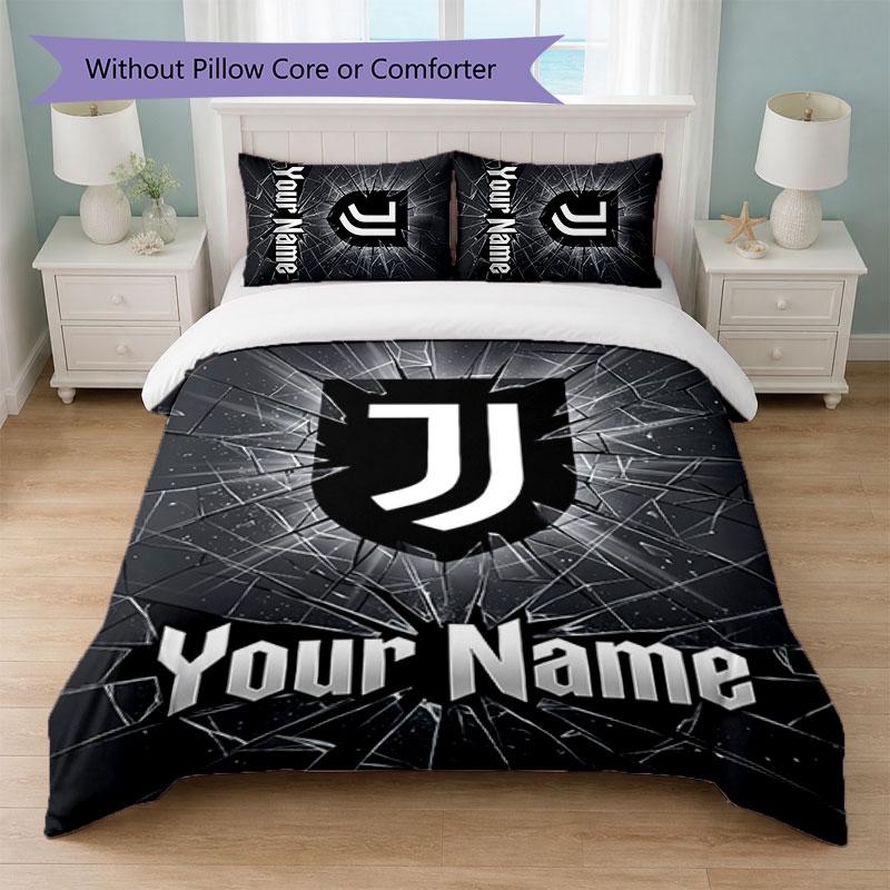 Juventus FC Custom Name Text Bedding Set 1 Duvet Cover+2 Pillowcases Soccer Logo Personalized Gift For Special Occasion Bedroom Decor