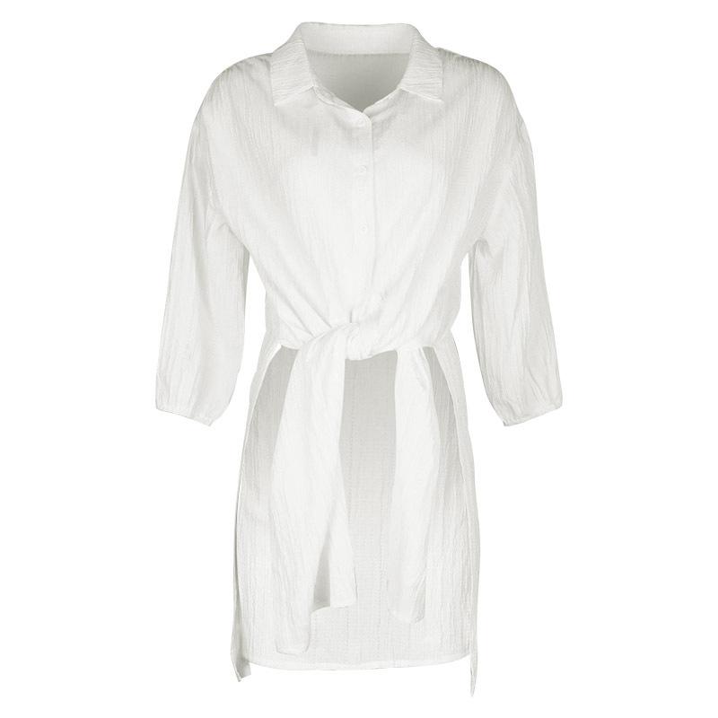 YYFS Женские модные повседневные белые однотонные рубашки-поло с длинным рукавом и принтом, блузки и рубашки