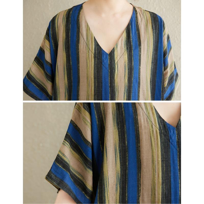 DIMANAF 2025 Летнее женское длинное платье больших размеров, свободное, оверсайз, винтажное, повседневное, с V-образным вырезом, базовое, в полоску